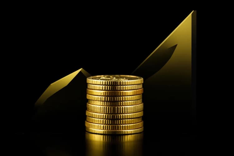 Um gráfico de barras subindo com moedas de ouro ao redor, simbolizando o crescimento financeiro.