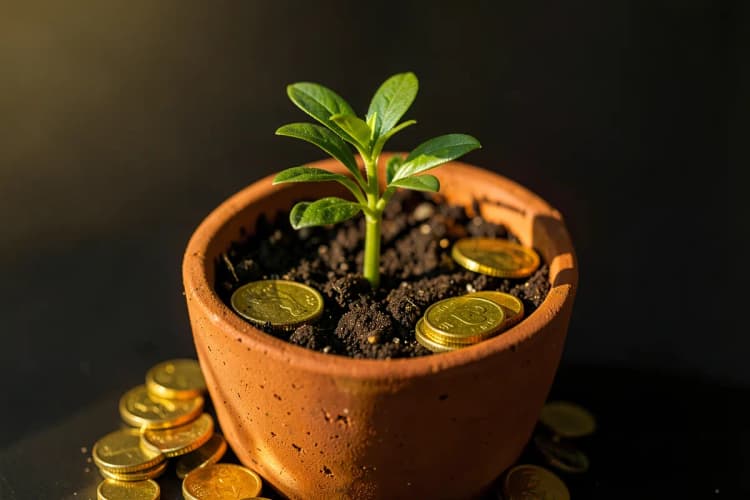 Uma planta crescendo em um vaso com moedas de ouro ao redor, representando o retorno sobre o investimento.