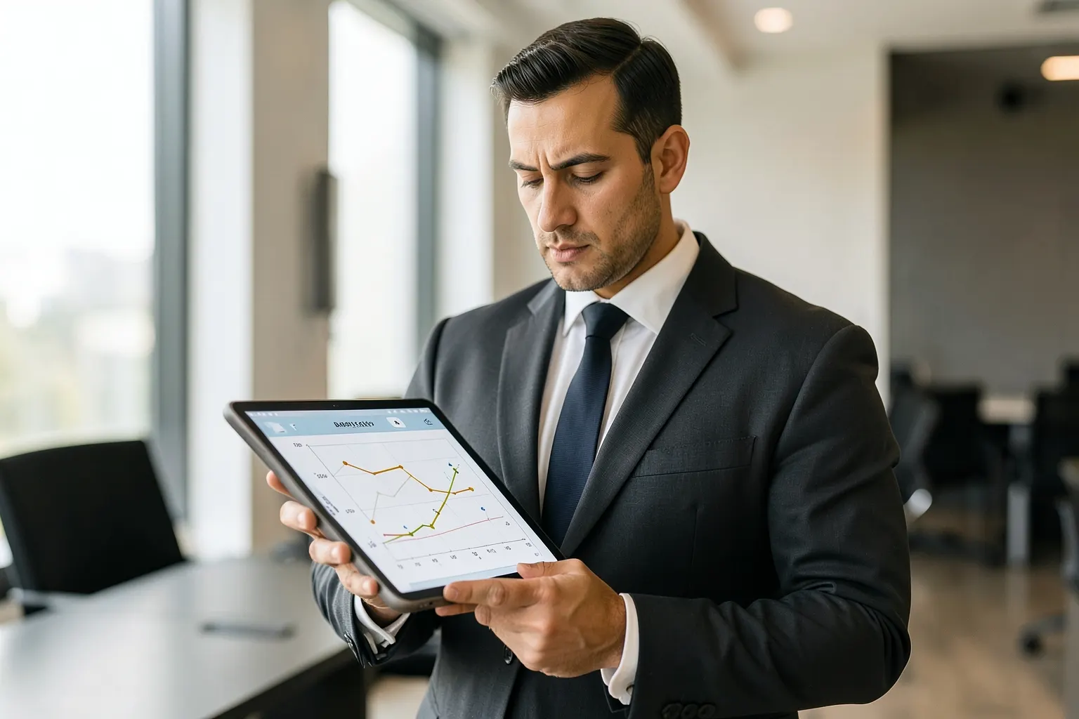 Um homem de terno olhando para um gráfico de crescimento em um tablet, em um escritório moderno.