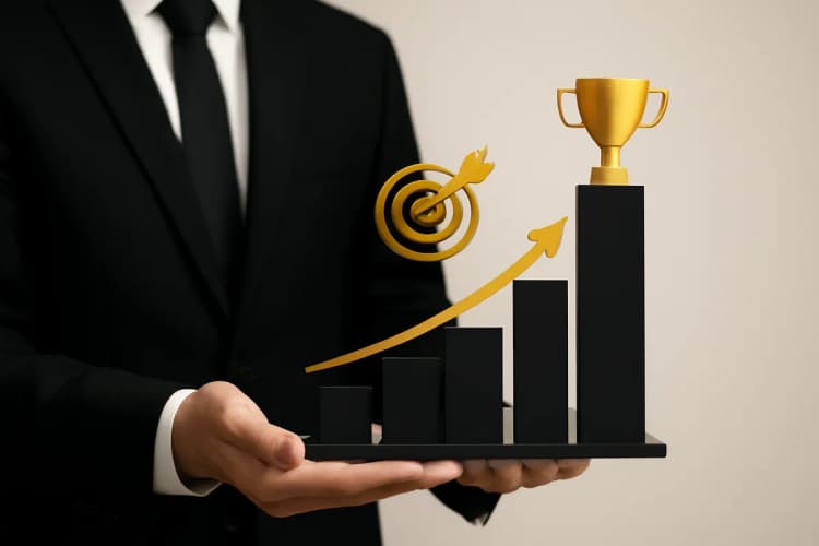 Medição de sucesso em gestão de tráfego: gráfico de barras ascendente com ícones de metas e troféus no topo.