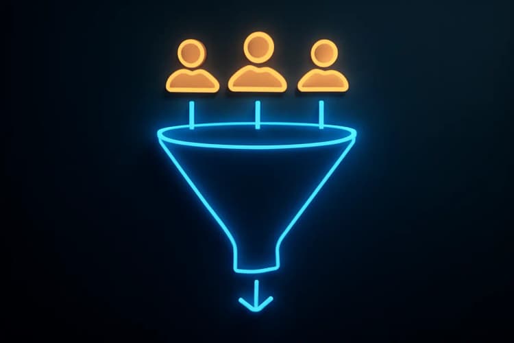 Gestão de tráfego essencial para vendas online: gráfico de funil de vendas com setas mostrando o fluxo de clientes.