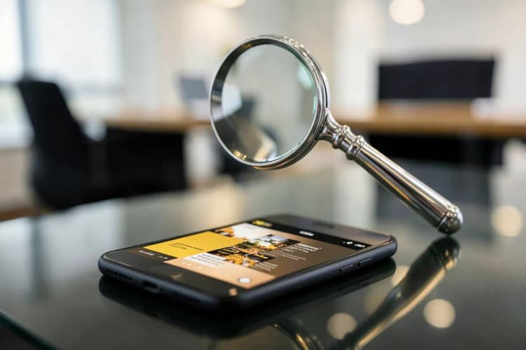 Gestão de tráfego pago: lupa examinando um anúncio online em um smartphone.