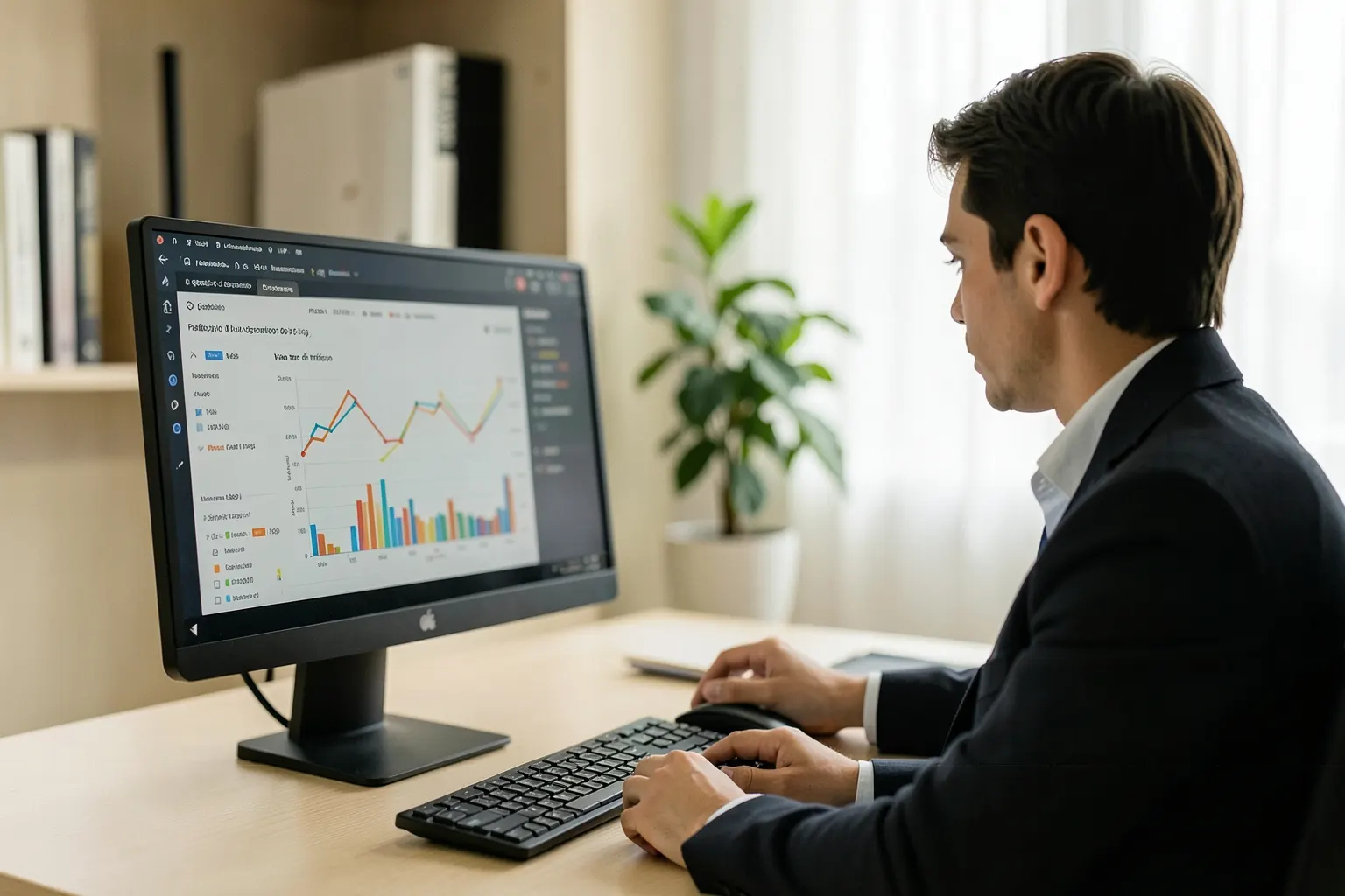 Gestão de tráfego: profissional analisando gráficos em tela de computador, com foco em otimização de campanhas online.