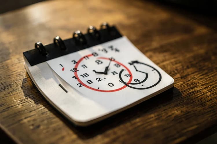Um calendário com um dia destacado com um círculo vermelho e um ícone de relógio ao lado, em uma mesa de madeira.