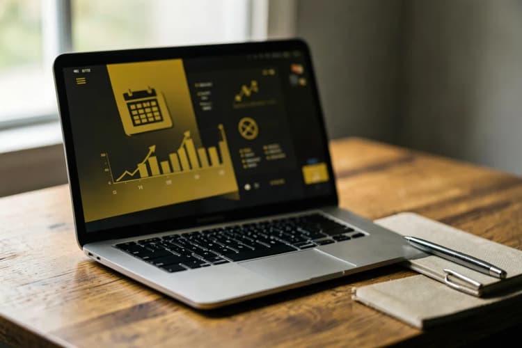 Um laptop aberto exibindo uma tela com ícones de gráficos e um ícone de calendário, em uma mesa de madeira com um caderno e uma caneta ao lado.