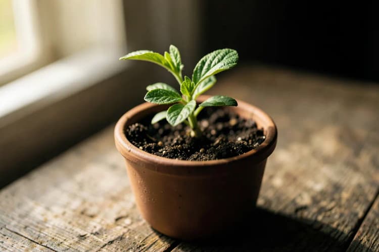 Uma planta crescendo em um vaso, com brotos verdes emergindo da terra, em uma mesa de madeira.