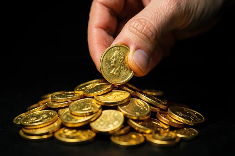 Uma mão colocando uma moeda de ouro em uma pilha crescente de moedas.