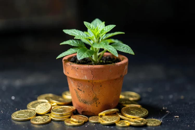 Uma planta crescendo em um vaso com moedas de ouro ao redor.