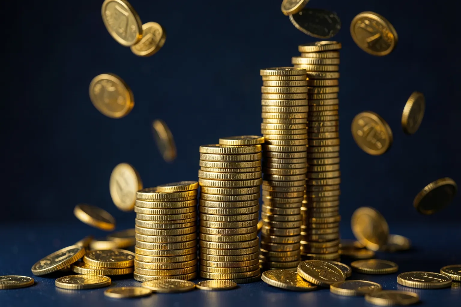 Um gráfico de barras subindo com moedas de ouro caindo ao redor, em um fundo azul escuro.