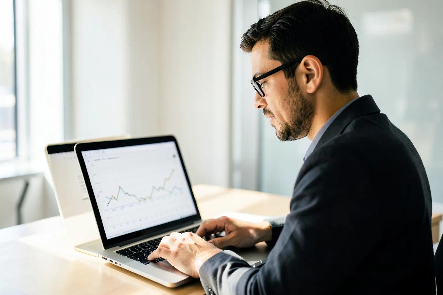 Um homem de óculos trabalhando em um laptop com gráficos de crescimento em sua tela, em um escritório moderno.