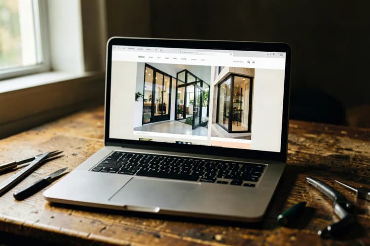 Um notebook aberto exibindo um website de vidraçaria com fotos de janelas e portas de vidro, em uma mesa de madeira ao lado de ferramentas.