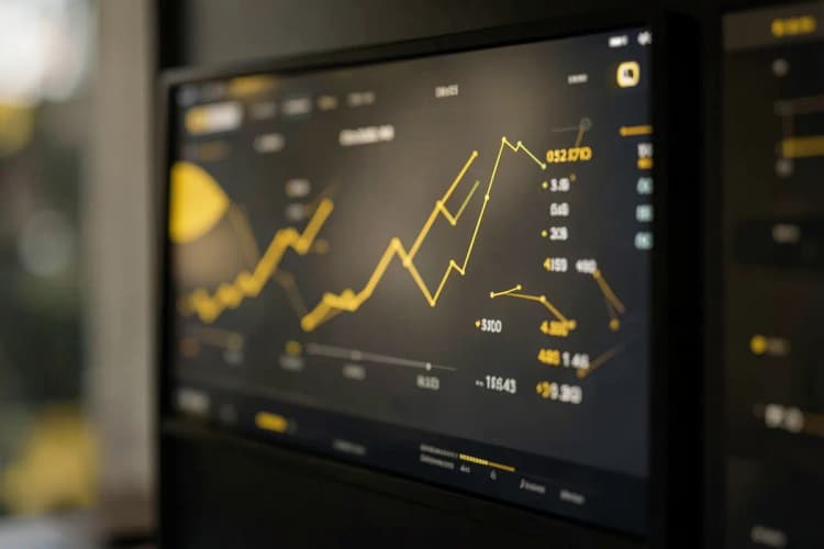 Um painel com gráficos e números abstratos, simulando um dashboard de análise de marketing.