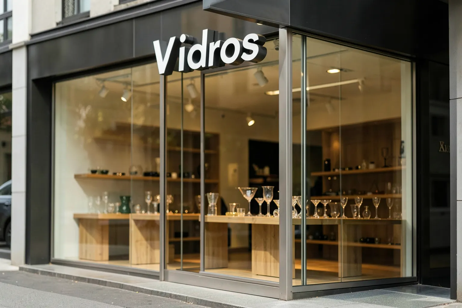 Uma vidraçaria com fachada moderna e iluminada, com a palavra "Vidros" em destaque na placa externa.
