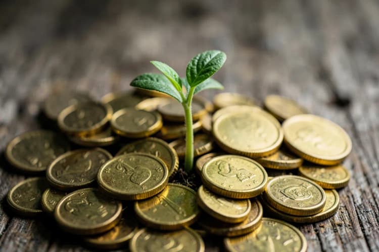 Uma planta crescendo de um pequeno monte de moedas, simbolizando crescimento e investimento.