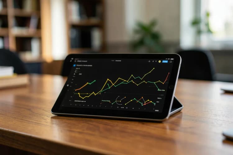Um tablet exibindo gráficos e dados abstratos, com um fundo desfocado de escritório.