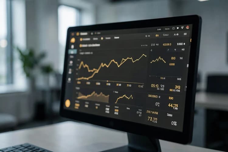 Um computador exibindo um painel de controle com métricas de tráfego, em um ambiente de escritório moderno.