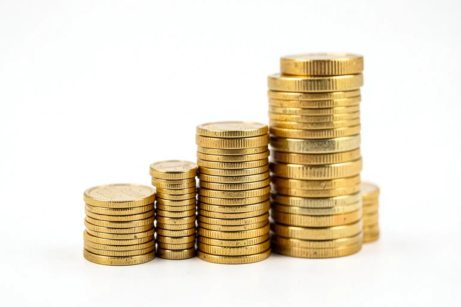 Um gráfico de barras ascendente com moedas de ouro empilhadas ao lado, em um fundo branco e limpo.