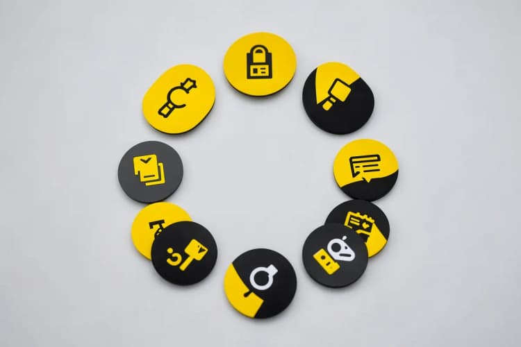 Um conjunto de ícones representando diferentes serviços de marketing digital, como SEO, mídias sociais e publicidade paga, dispostos em um círculo.