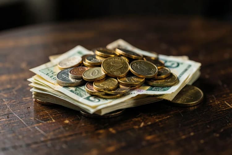 Uma pilha de moedas de diferentes valores e notas de dinheiro dobradas sobre uma mesa de madeira escura.