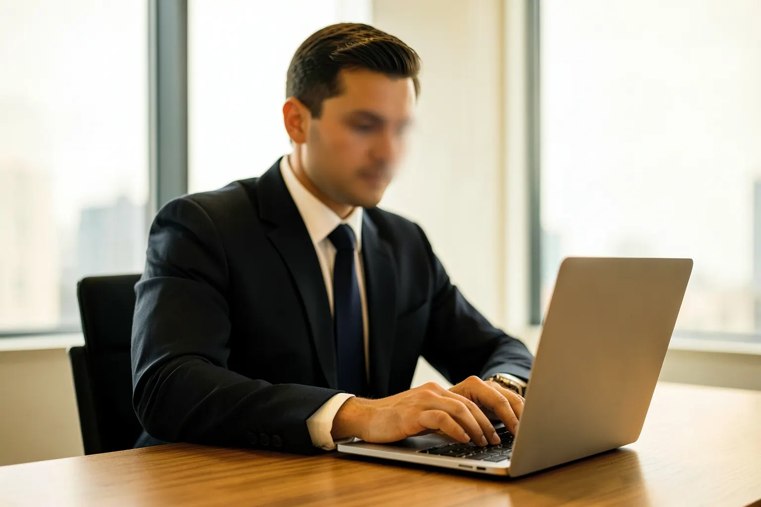 Um homem de negócios com um laptop em uma mesa de madeira, com uma janela ao fundo.