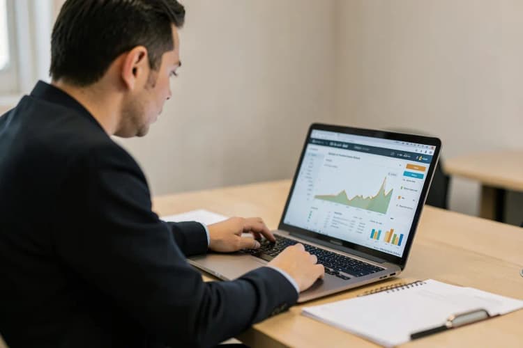 Pessoa medindo desempenho com gráficos e relatórios de marketing