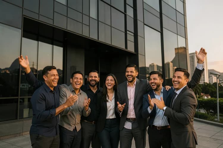 Equipe celebrando sucesso em frente a escritório de marketing no Rio de Janeiro