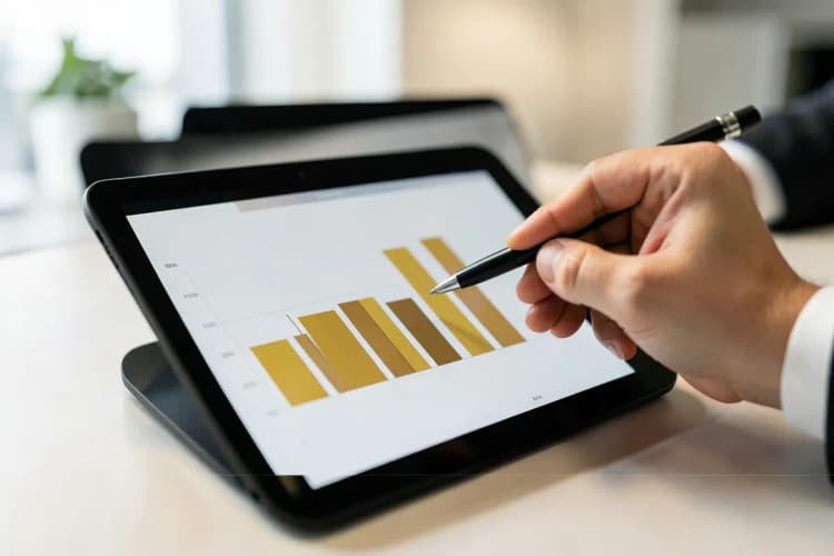 Uma pessoa analisando um gráfico de barras em um tablet, com uma caneta apontando para uma das barras.