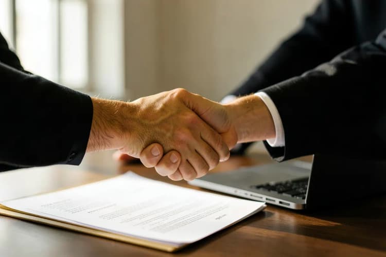 Duas pessoas apertando as mãos sobre uma mesa com documentos e um laptop.
