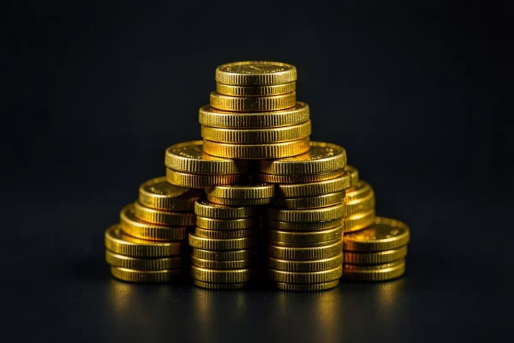 Uma pilha de moedas de ouro empilhadas em forma de pirâmide.