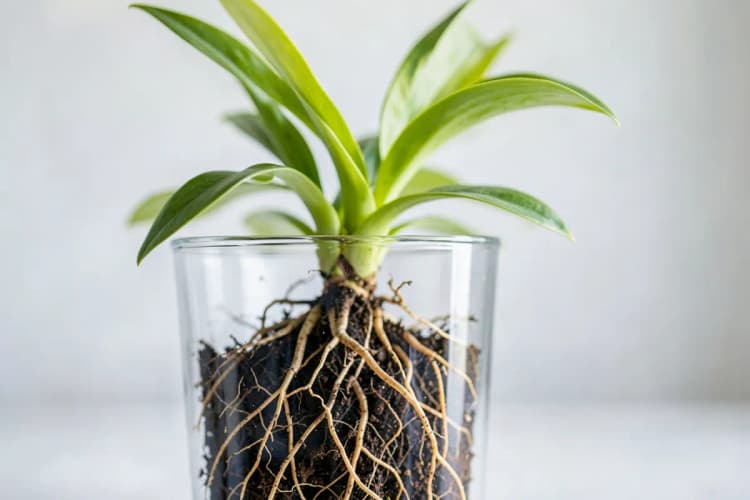 Uma planta crescendo em um vaso, com raízes visíveis através do vidro.