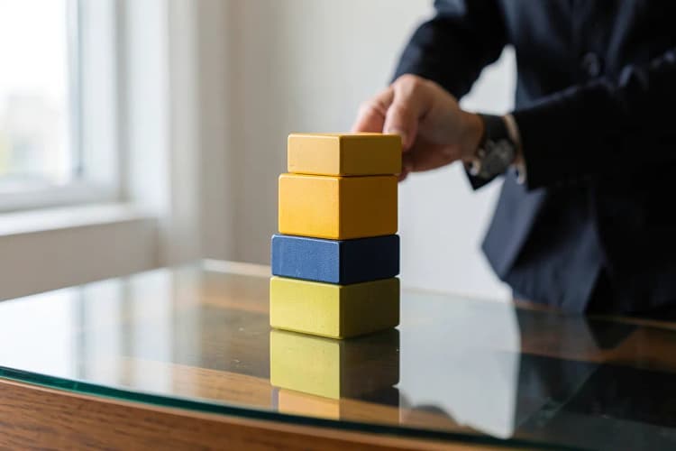 Uma pessoa empilhando blocos de madeira coloridos em uma mesa.