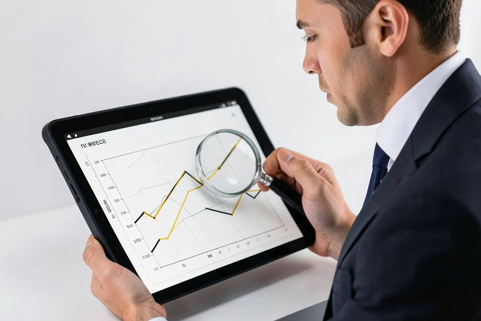 Um homem de terno olhando para um gráfico de crescimento em um tablet, com uma lupa em cima do gráfico.