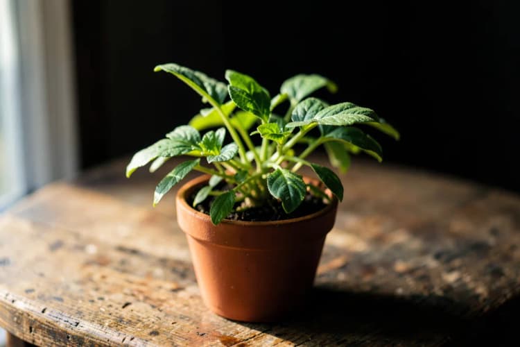 Uma planta crescendo em um vaso sobre uma mesa de madeira, com luz suave vindo de uma janela.