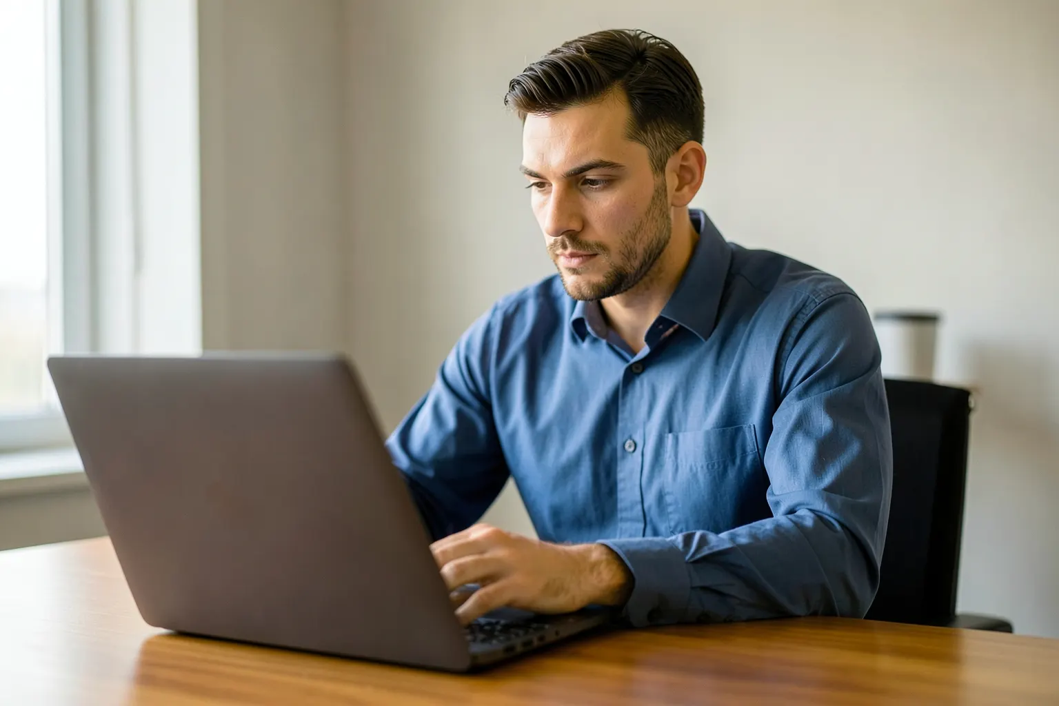 Um homem de negócios com um laptop em uma mesa de madeira, com uma janela ao fundo com vista para a cidade do Rio de Janeiro.