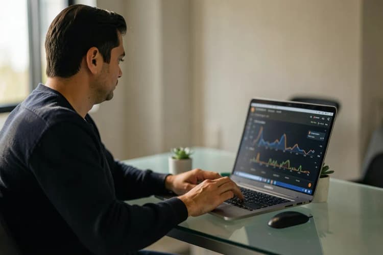 Profissional de marketing gerenciando campanhas de tráfego pago em um computador