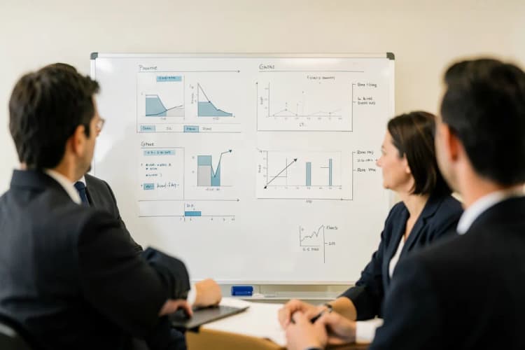 Três pessoas em uma reunião discutindo um projeto em um quadro branco com gráficos e anotações