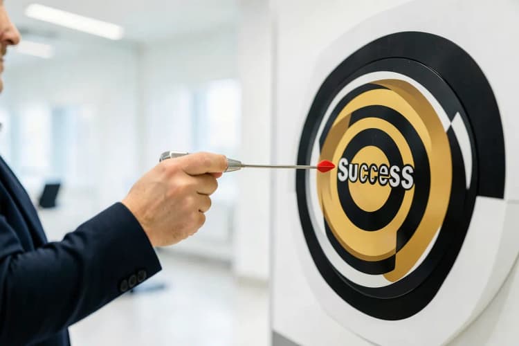 Uma pessoa jogando dardos em um alvo com o centro marcado como "Sucesso"