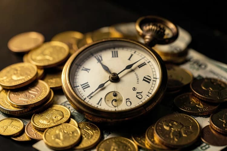 Um relógio de bolso antigo sobre um fundo de moedas de ouro e notas de dinheiro