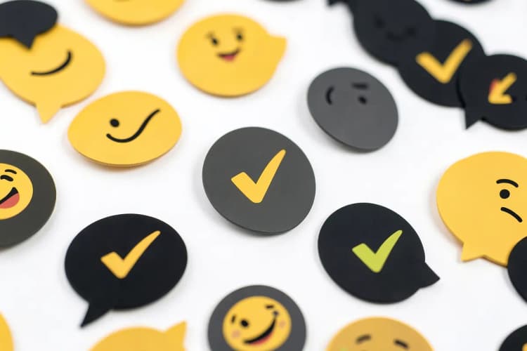 Vários balões de mensagem com diferentes ícones de emojis e checkmarks, organizados em um padrão.