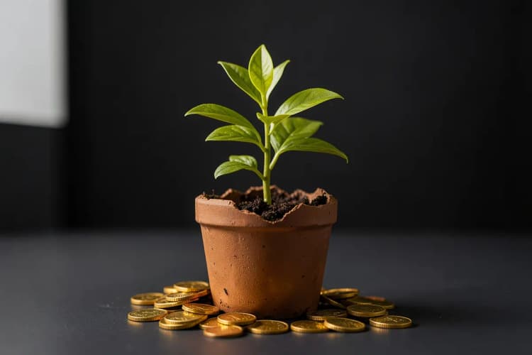 Uma planta crescendo de um vaso quebrado, com moedas caindo ao redor, simbolizando crescimento e investimento.