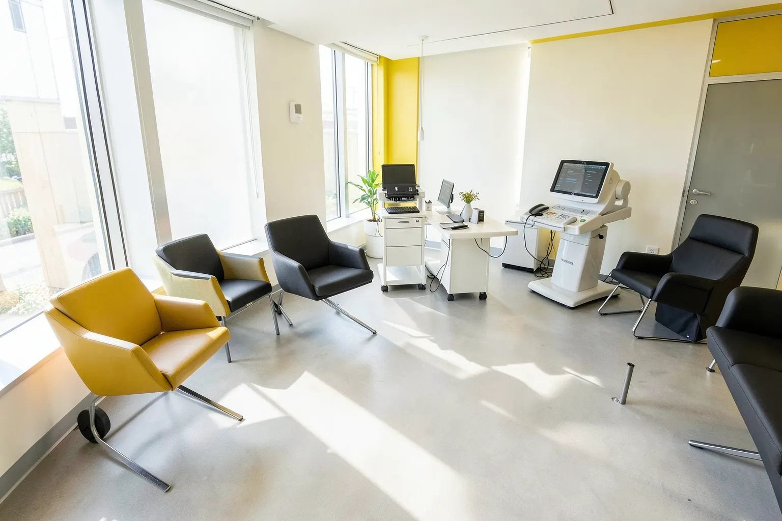 Uma clínica de estética moderna e iluminada, com equipamentos de última geração e um ambiente acolhedor.