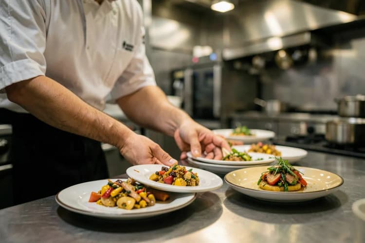 Um chef organizando pratos coloridos em uma cozinha profissional antes de servir.