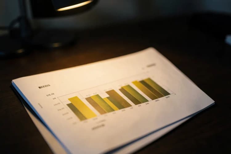 Um gráfico de barras mostrando crescimento de vendas em um relatório financeiro sobre uma mesa de escritório.