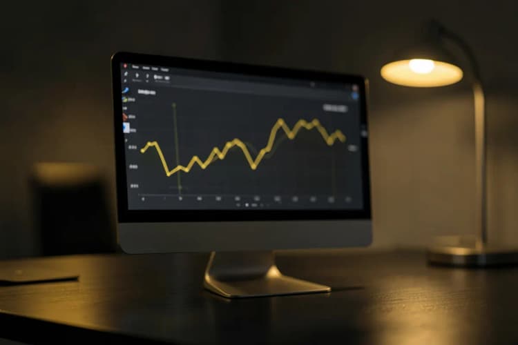 Um computador exibindo gráficos de desempenho de marketing em uma mesa de escritório.