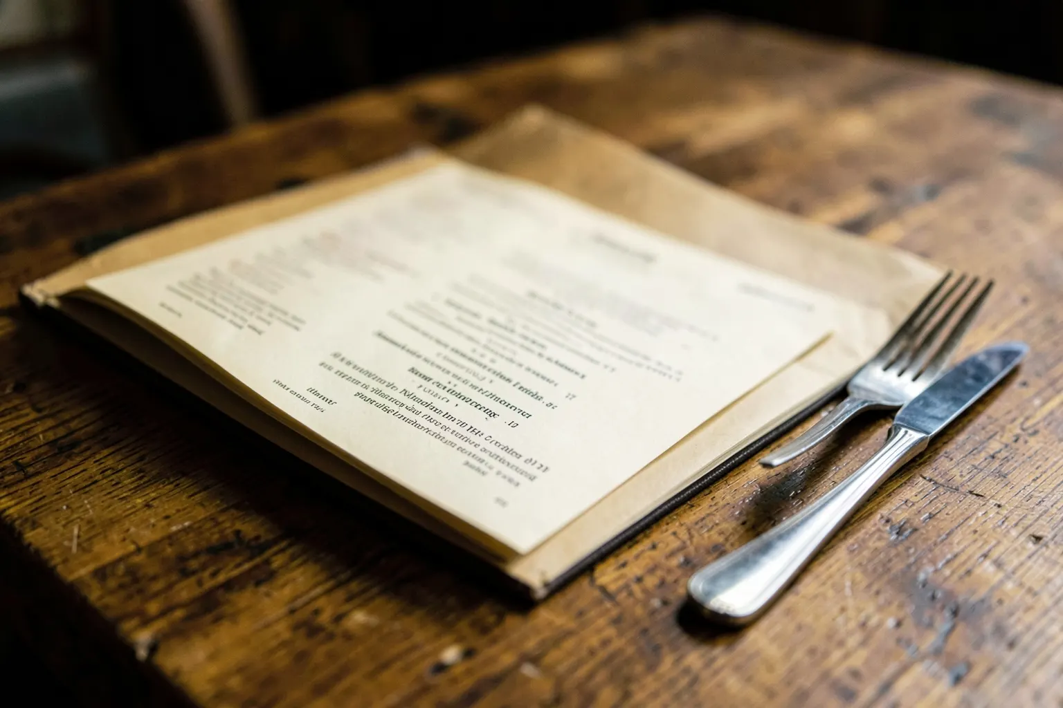 Um cardápio de restaurante aberto sobre uma mesa de madeira rústica, com um garfo e uma faca ao lado.