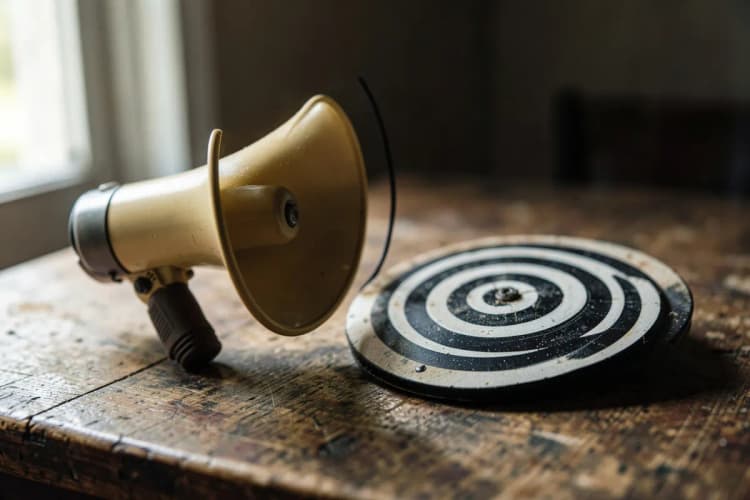 Um conjunto de ferramentas de marketing, como um megafone e um alvo, dispostos sobre uma mesa de madeira rústica.