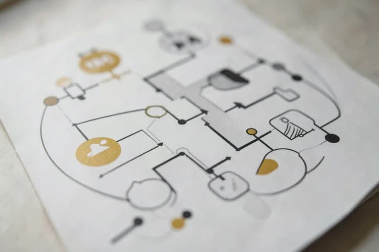 Um diagrama de fluxo visual representando etapas de planejamento estratégico com ícones abstratos e linhas de conexão.