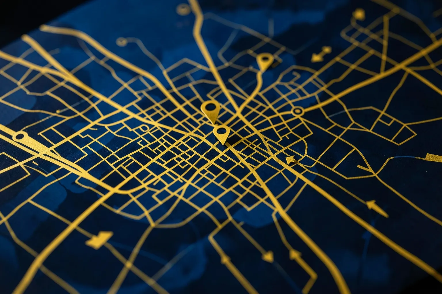 Um mapa estilizado de uma cidade com pinos de localização e setas indicando fluxo, sobre um fundo azul abstrato.