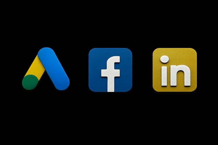 Comparação de logos de plataformas de anúncios digitais como Google Ads, Facebook Ads e LinkedIn Ads.