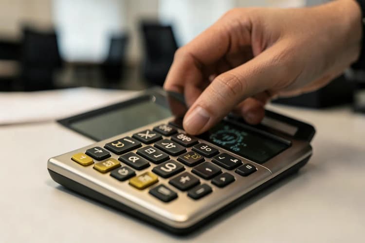 Calculadora mostrando números e gráficos de custos de publicidade online.
